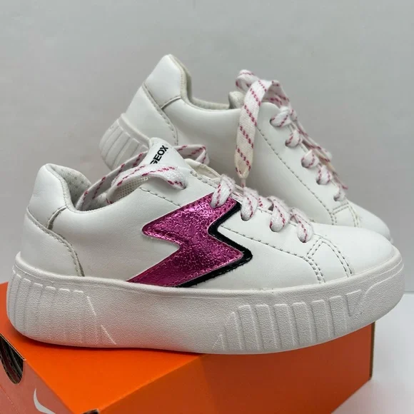 Geox Kids White Leather Sneakers with Pink Lightning Bolt with orthopedic insole - Picture 10 of 16